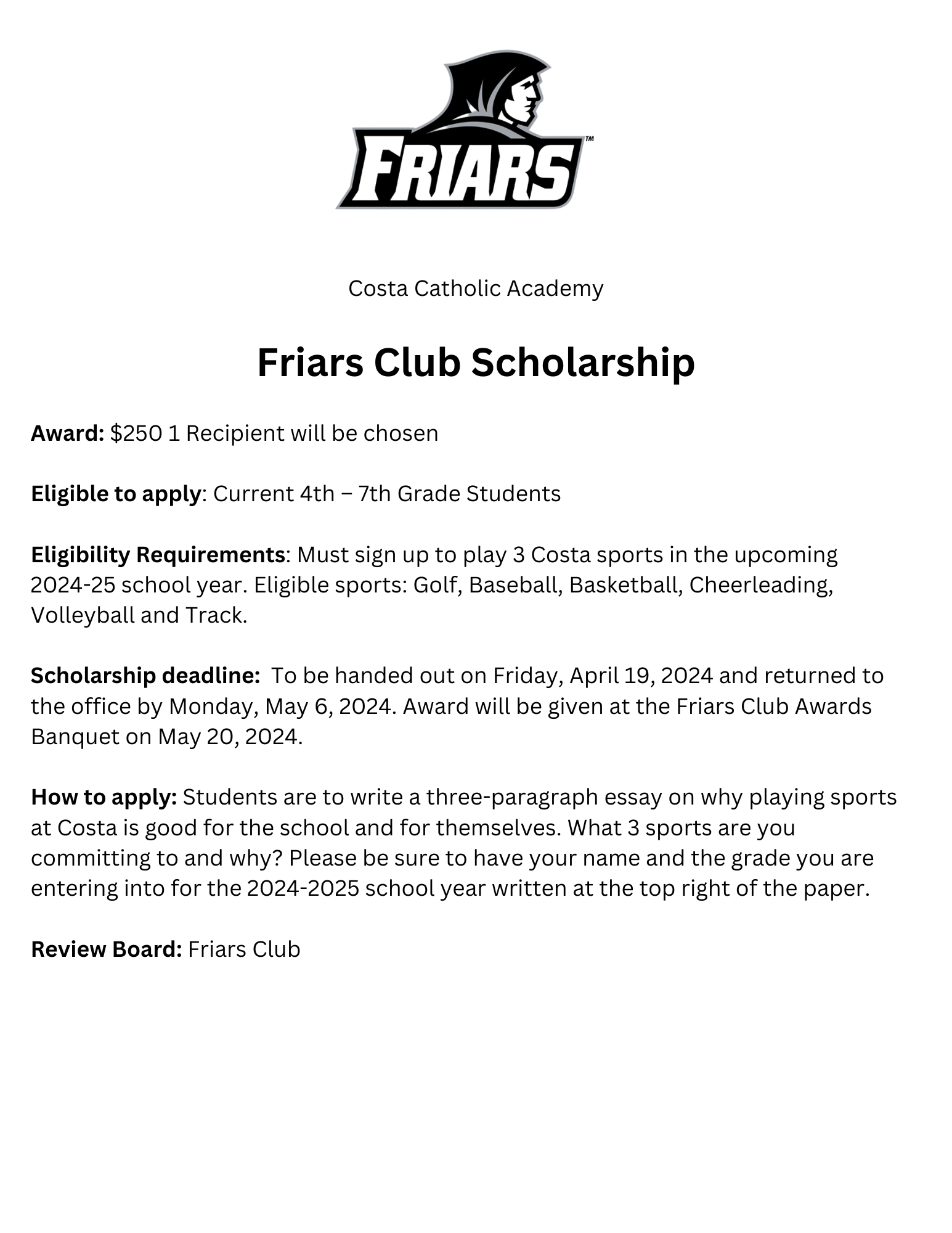 Friars Club Costa Catholic School